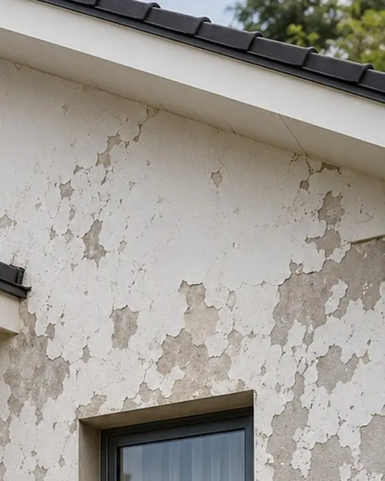 Parede exterior com a tinta a descascar, junto ao beiral do telhado