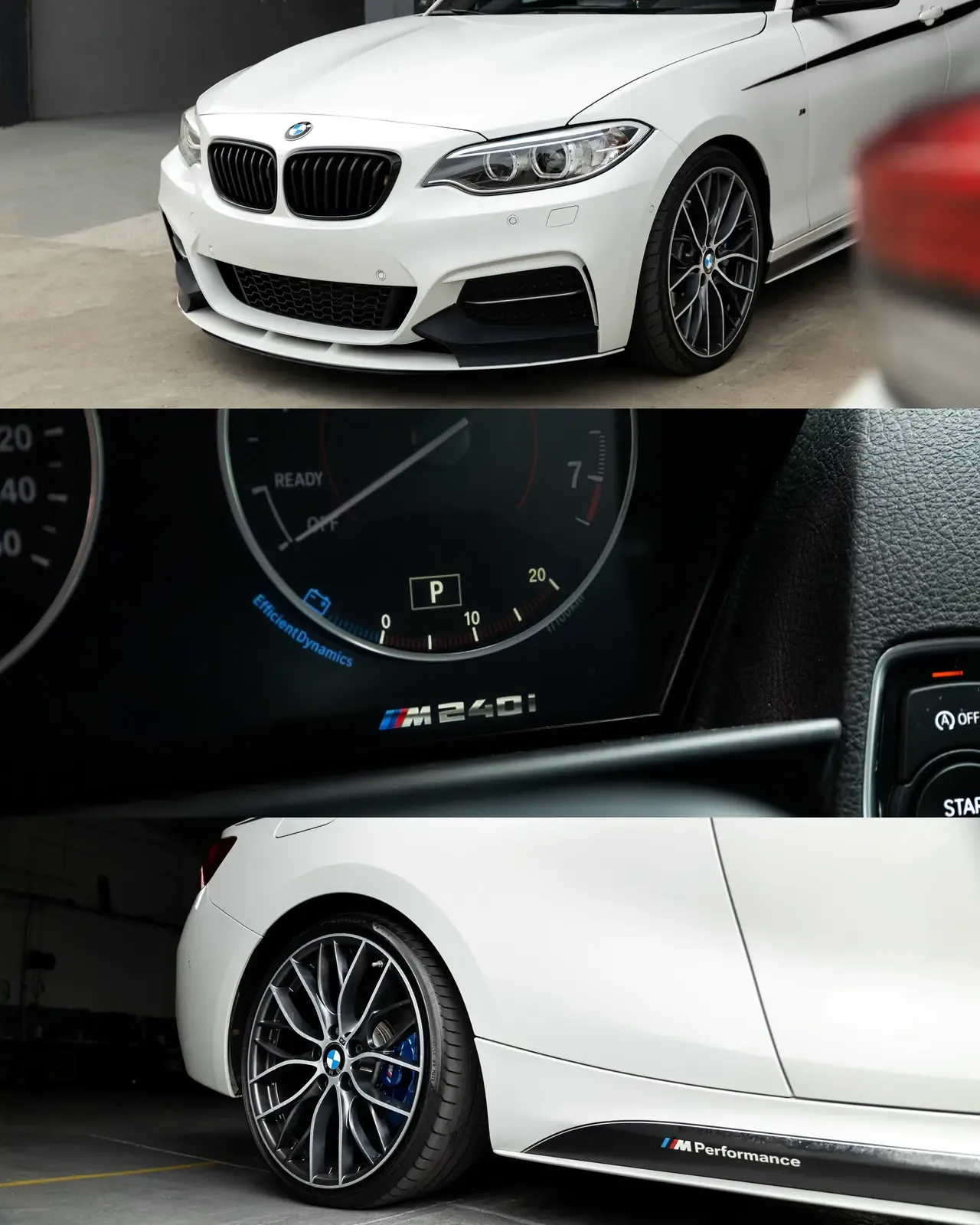 BMW M240i branco: frente, quadrante e jante com pinça azul